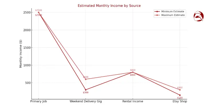 Line graph comparing monthly income estimates from four sources