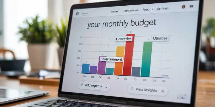 Laptop shows budget bar chart with red groceries, orange entertainment, green utilities.
