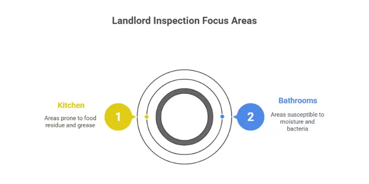 Graphic illustrating key areas landlords inspect: oven, shower, carpets, window tracks