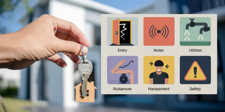 Grid of icons for entry, noise, utilities, nuisances, harassment, and safety breaches.
