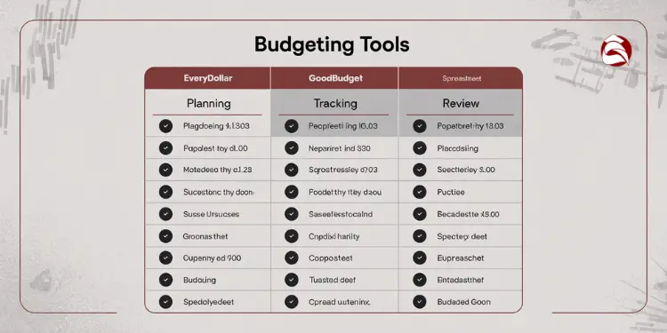 Table comparing budgeting features in EveryDollar, GoodBudget, and Spreadsheets