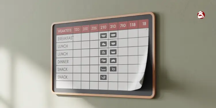 Weekly meal planner showing calories and food icons per meal