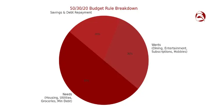Pie chart illustrating the 50/30/20 budgeting rule breakdown
