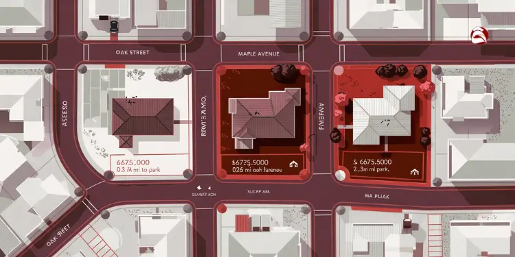 Map showing property prices and proximity to amenities
