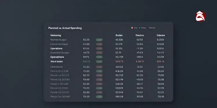 Dark mode table comparing budgeted and actual spending values per category