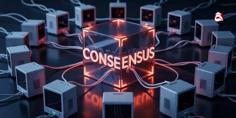 Central cube labeled consensus connected to networked computers