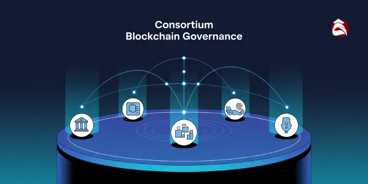 Consortium blockchain graphic with icons for sectors connected on a platform
