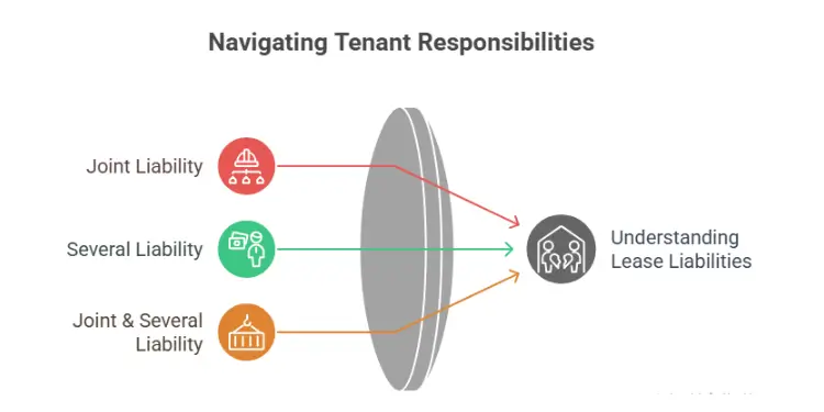 Graphic of joint, several, and joint & several liability converging to lease obligation