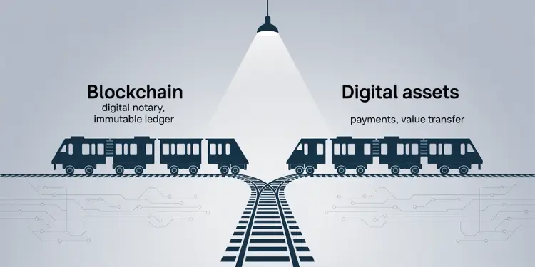 Side-by-side trains on illuminated tracks labeled “Blockchain” and “Digital assets” under a spotlight.