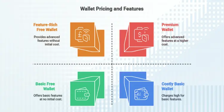 Quadrant graphic comparing wallet types—feature-rich free wallet, premium wallet, basic free wallet, and costly basic wallet—with simple icons.