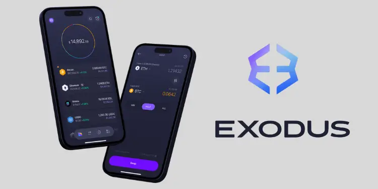 Two mobile phone mockups showing crypto balances and swap controls next to the Exodus logo.