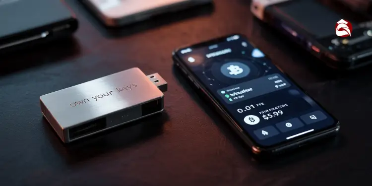 Crypto hardware wallet and phone app displaying bitcoin details
