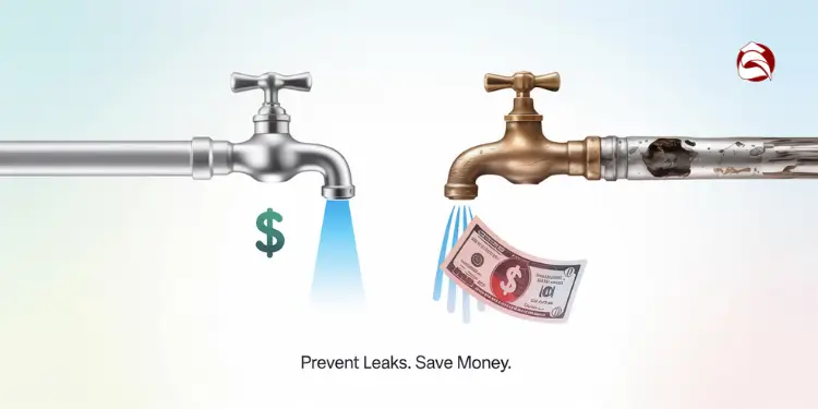 Two faucets, one leaking money and one saving money with dollar signs