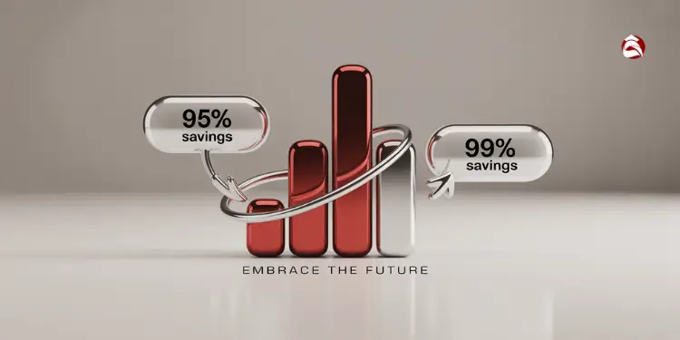Bar chart with arrows showing 95% and 99% savings with blockchain optimization