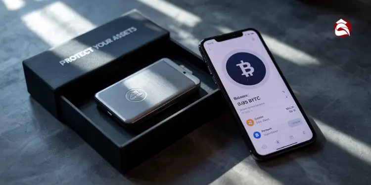 Hardware wallet with protect your assets box next to phone app