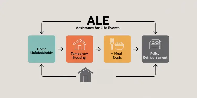 Diagram showing home uninhabitable → temporary housing → meal costs → policy reimbursement.