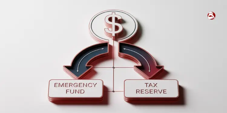 Dollar sign splitting into emergency and tax fund arrows