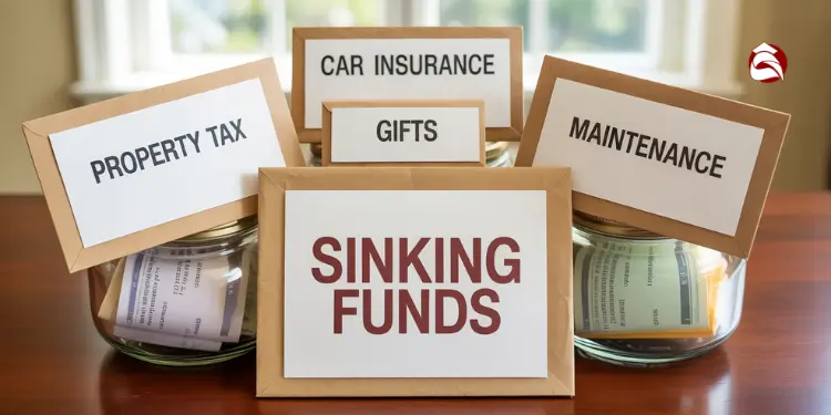 Envelopes labeled for sinking funds like property tax and car insurance