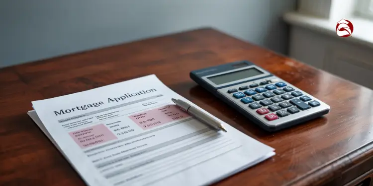 Mortgage application form with pen and calculator on wooden desk