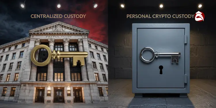 Split image of bank with key and safe with key for custody comparison