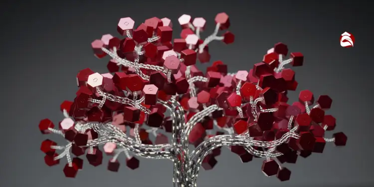 Tree made of red hexagons and wires symbolizing blockchain growth