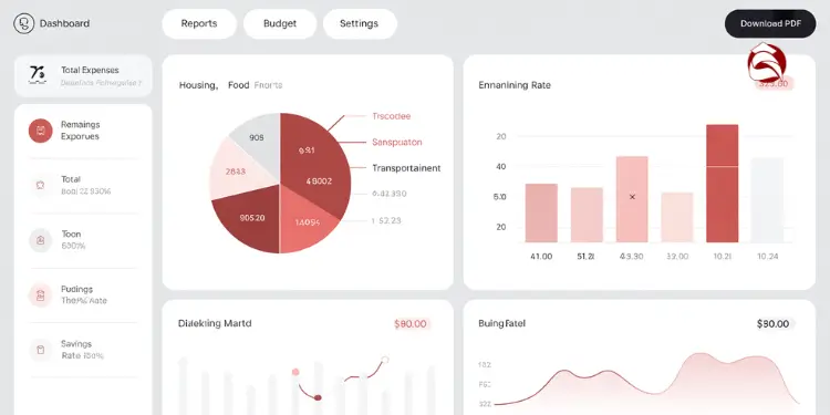 Financial dashboard with pie charts, bar graphs, and summary stats