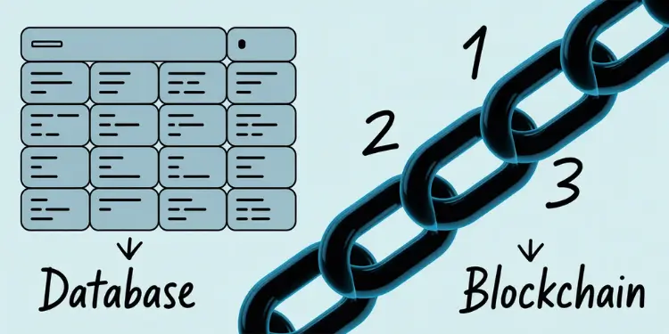 Graphic displaying a relational database layout beside a chain of interconnected blockchain blocks.