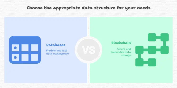 Comparison image with a spreadsheet-style database icon on one side and a blockchain chain of blocks on the other