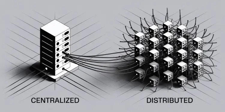 Illustration showing one central server with cables versus multiple interconnected nodes.