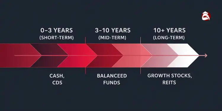 Arrow timeline showing short, mid, and long-term investment options