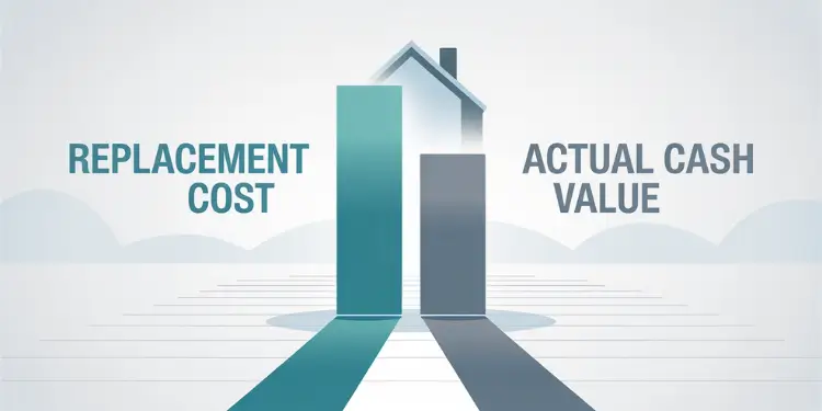 Chart showing a taller replacement cost bar next to a shorter actual cash value bar behind a house icon.