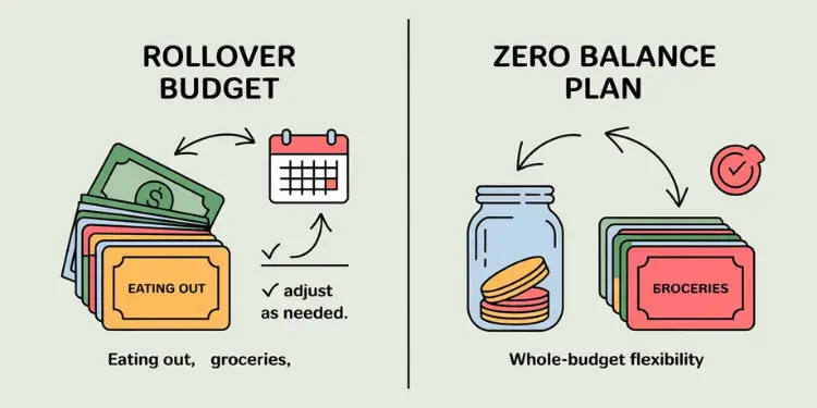Infographic compares rollover budget envelopes and zero balance savings jar