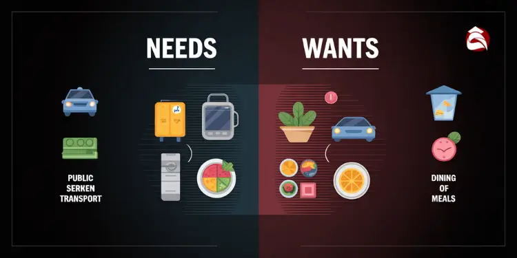 Split graphic showing examples of needs vs. wants