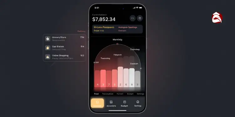 Mobile budgeting app interface with bar chart and merchant list