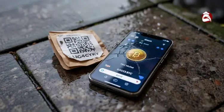 Wet phone with crypto wallet app and soggy private key paper