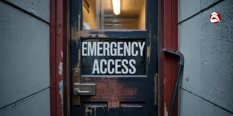 Worn door with emergency access sign and crowbar leaning nearby