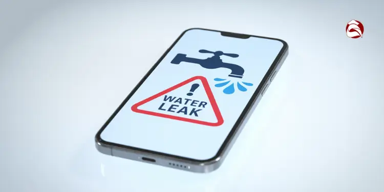 Smartphone screen showing water leak alert icon and warning sign