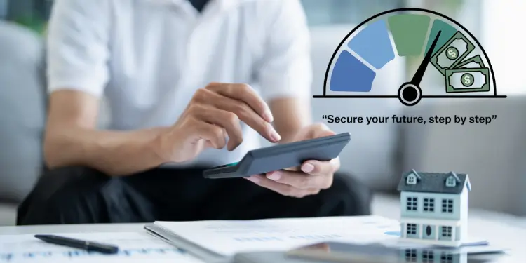 Person budgeting with gauge and home model symbolizing financial planning.