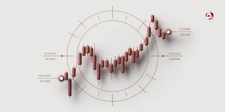 Bullish candlestick chart in a circular technical overlay