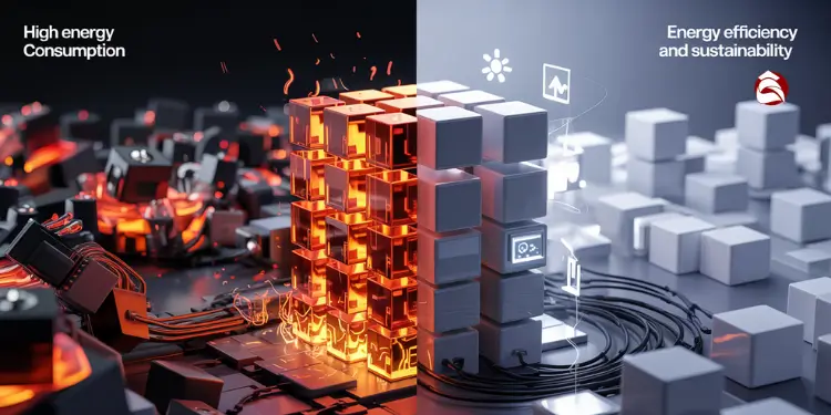 Split image comparing high-energy blockchain to sustainable alternatives