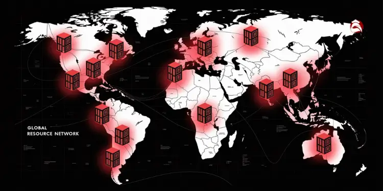 World map with blockchain resource icons across global regions