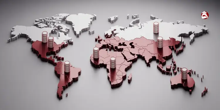 Map of world with data stacks representing blockchain power use by region