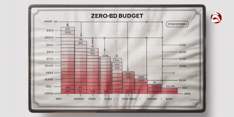 Vintage-style zero-based budget chart with stacked income and spending columns