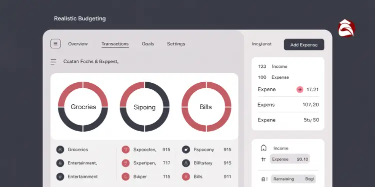 Dark-mode dashboard with budget rings and transaction list