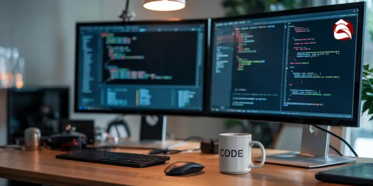 Dual monitors displaying code with a "CODE" mug on the desk