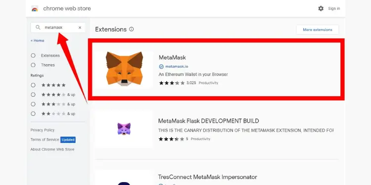 Chrome Web Store interface showing MetaMask Ethereum wallet extension in search results.
