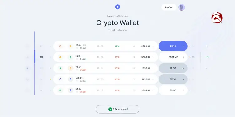 Crypto wallet UI with balance, send, receive, and swap buttons