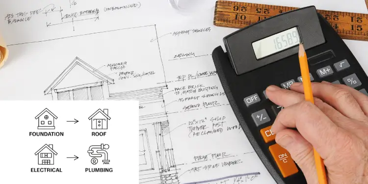 Home design sketch with calculator and repair phase icons.