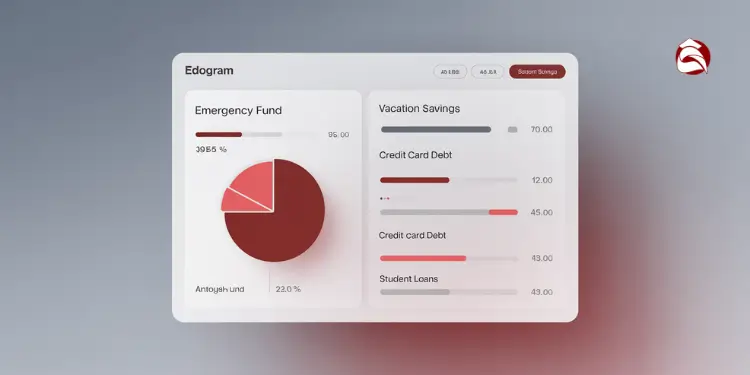 Emergency fund dashboard with pie chart and progress bars for various financial goals
