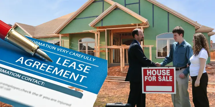 Lease paperwork and home purchase handshake show housing flexibility tradeoff.